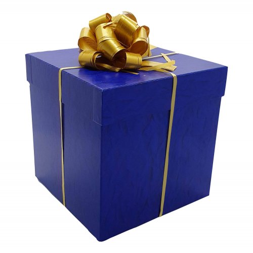 Caja de regalo cuadrada azul con pompón dorado